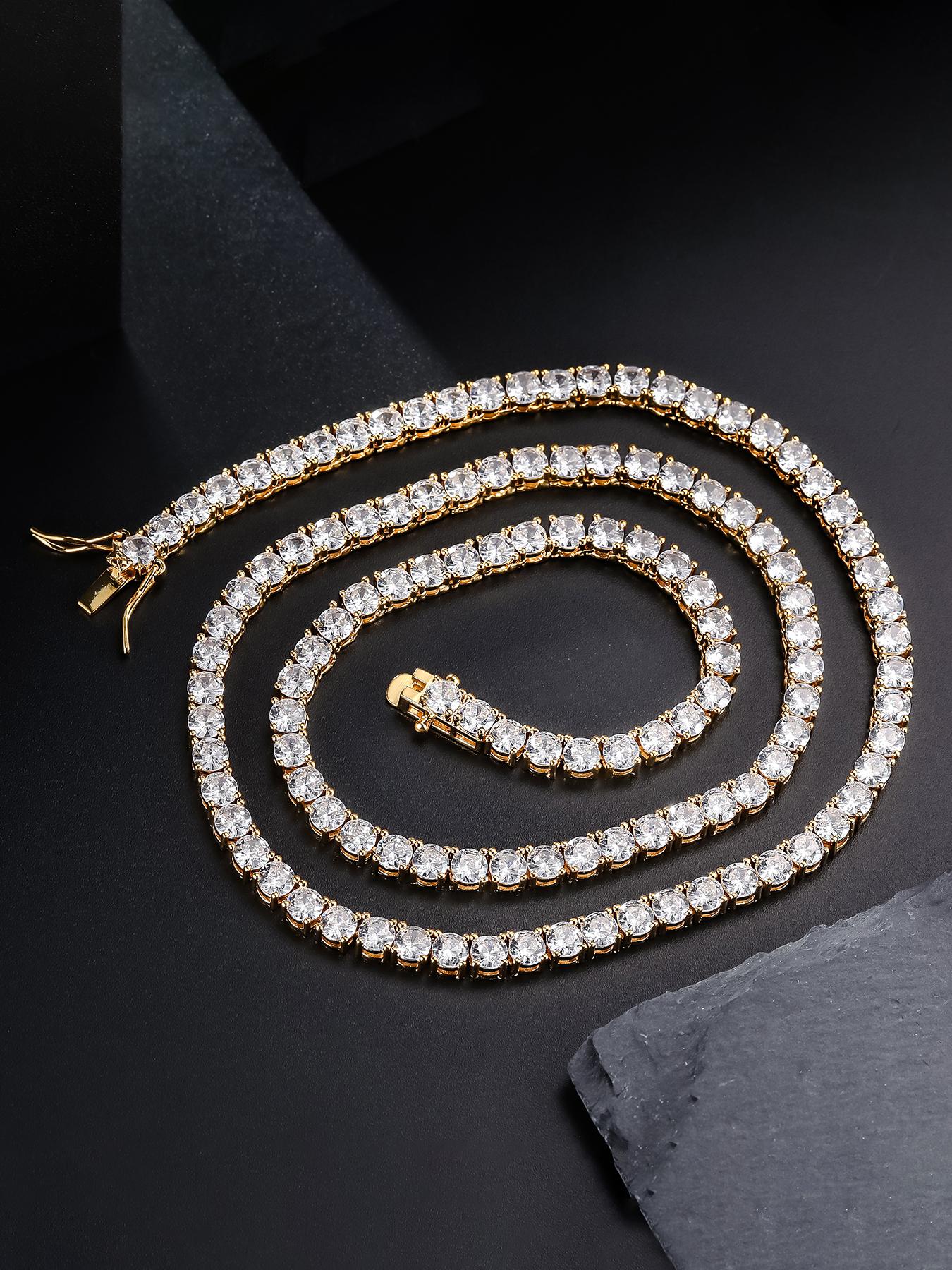 ICED CHICS Men's Hip Hop Rapper Style Full Diamond Pendant Necklace, Square Faux Diamond Design, Luxury Unisex Jewelry, Perfect Father's Day Gift，4-millimeter tennis chain, Iced Out Jewelry