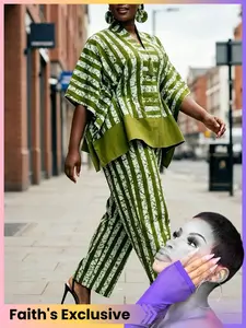 Women's Two-Piece Set, Striped Print V-Neck Shirt Top with Straight Leg Pants, Urban Style, Faith's Exclusive Collection
