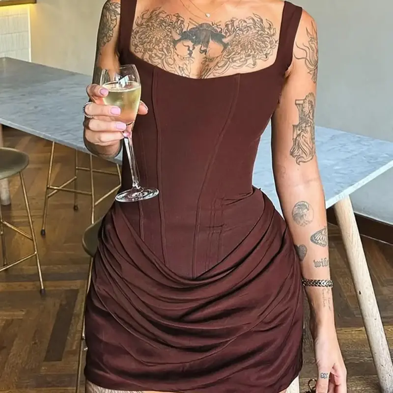 Women Boned Corset Dress Solid Sexy Night Club Outfit Ruched Bodycon Celebrity Occasion Wear Mini Party Dress