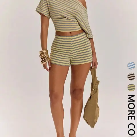Women's 2-Piece Fitted Asymmetrical Shoulder Short Sleeve Striped T-Shirt + High Waist Shorts Set, Two Pieces Sets, Casual Home & Essential, One-Shoulder Style, Stripe Matching, Casual Summer Set