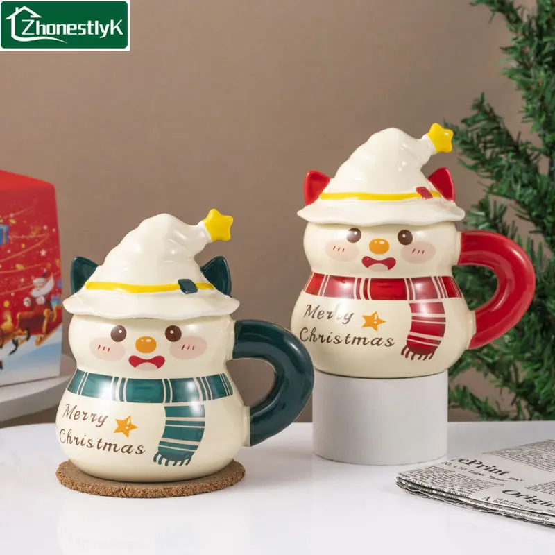 Xmas Gift Snowman Ceramic Mug with Lid Spoon Cute Winter Warm Drink Cup Merry Christmas Theme Tableware for Kids Family Party