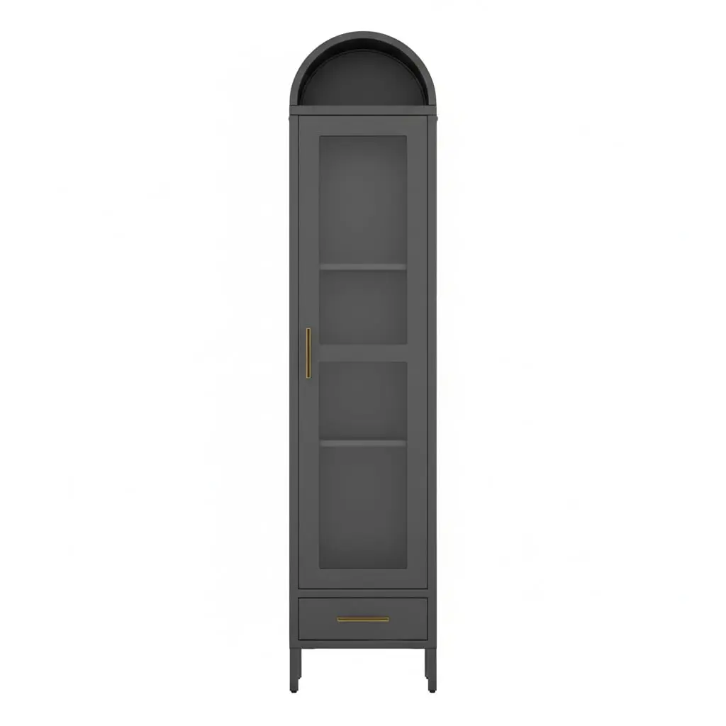 Tall Black Arched Top Powder Coated Metal Display Cabinet - Glass Door, Drawer, Slim Freestanding Storage - Anti-Tip Safety Kit Included, Modern Steel Organizer for Living Room, Kitchen (H72.83xW16.3xD15.35in)
