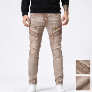 Men's Retro Style Blue-Brown Wash Ribbed Patchwork Applique Biker Jeans Bottoms Slim Fit Stretchy Breathable Easy Care Beige Ripped All Seasons Outdoors Menswear Denim Streetwear for Big & Tall Young Adults