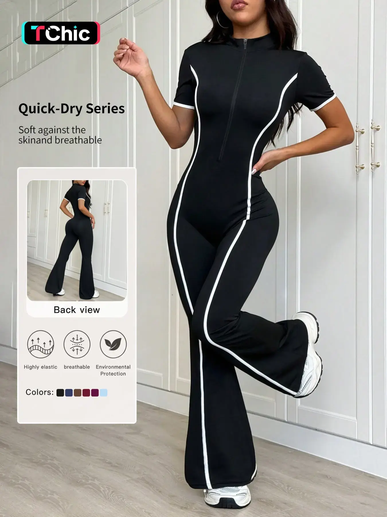 Women's Colorblock Zipper Fall Winter Fleece Lined Knit Yoga Jumpsuit, Long Sleeve Slim Fit Casual Fashion Jogger Pants