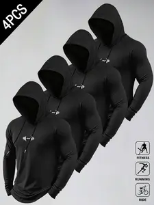 4-Pack Men's Spring Fall Hooded Sport Long Sleeve, High Stretch Fitted, Sweat-Wicking, Casual Training, Multi-Use, Comfortable