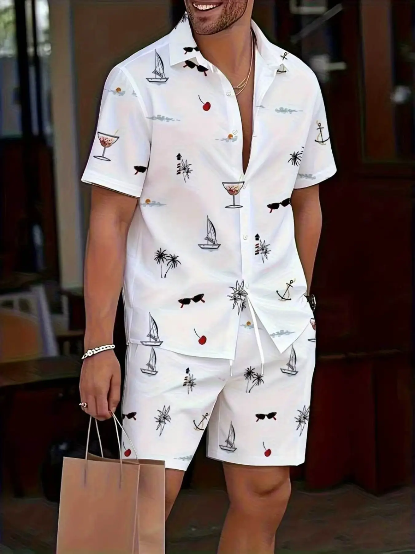 Men's Short Sleeve Shirt and Shorts Set, Polyester, Nautical Design, Tropical Print, Beach Poolside Casual, Breathable