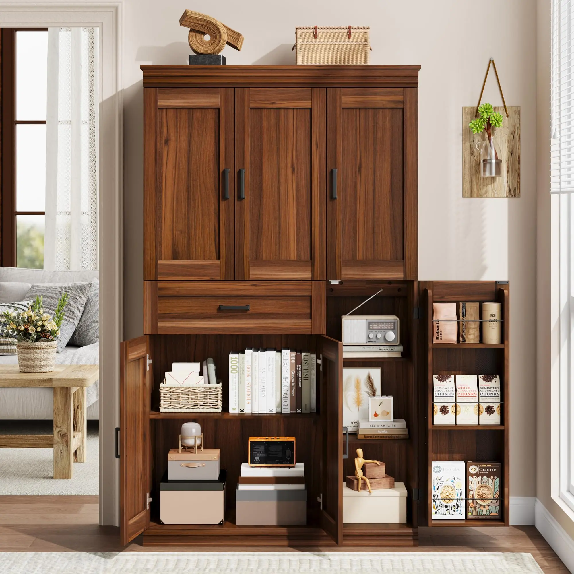 71" Tall Black Durable Indoor Storage Cabinet - 6 Doors, 7 Shelves, 1 Drawer, Hidden Compartments - 31.5"w x 15.75"d x 70.9"h Artistic Embossed Finish - Waterproof Freestanding Pantry for Kitchen, Laundry, Wall Mount