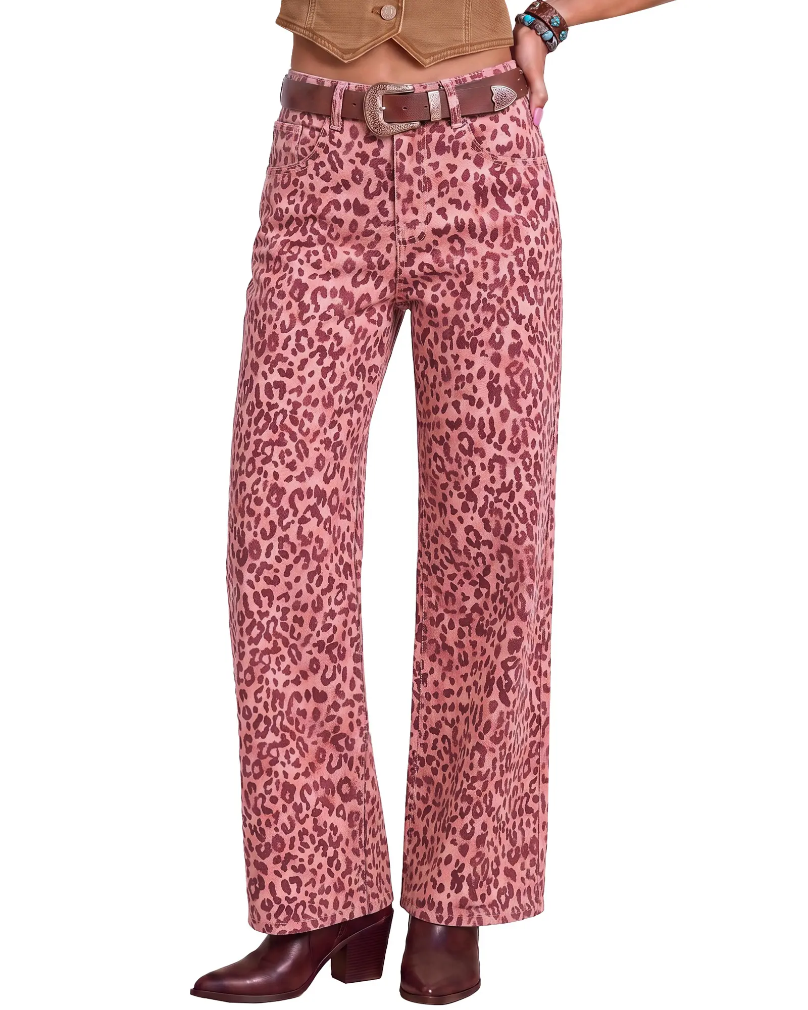 luvamia Wide Leg Jeans for Women High Waisted Leopard Cheetah Denim Pants | Adjustable Back Cinched Waist, Stretchy Jeans for Women Trendy, 90s Baggy Straight, 29.5 Inch Inseam, Casual Western Outfits,clothes for back to school,first day of school outfits