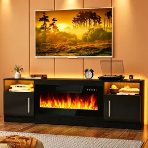 TV Stand Entertainment Center with 36" Fireplace, 70" Wooden TV Stand for TVs Up to 80",Media TV Console with High Gloss Storage Cabinet and 16 Colors LED Lights