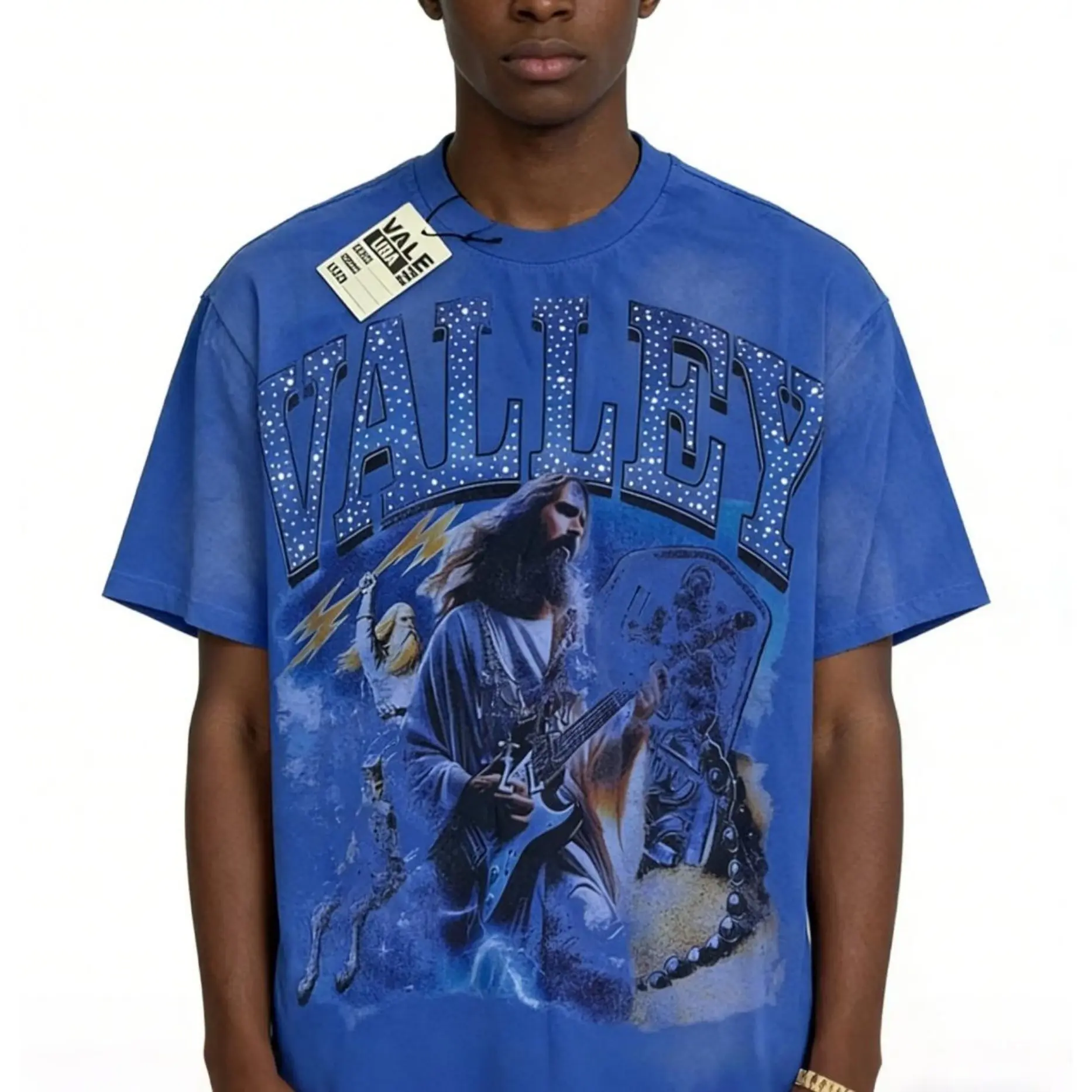 VALLEY Men's Oversized Hot Drill Rhinestone Letter T-Shirt - Vintage Blue Short-Sleeve Cotton Fabric Top, Menswear Streetwear Bling Graphic Summer Outfit, Pump Covers for Father's Day Gym Use, Shortsleeve