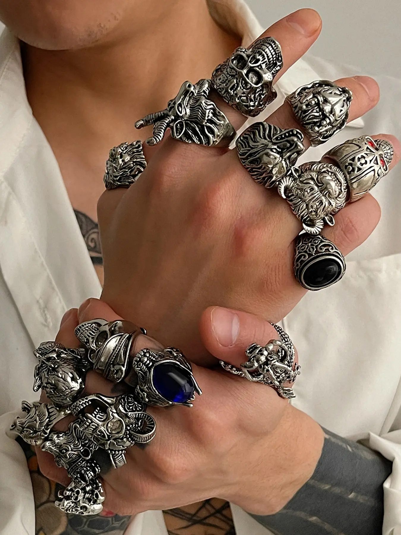 16-Piece Punk Style Silver Color Skull Ring Set, Vintage Gothic Jewelry, Lion Head, Tiger Head, Dragon Design Fashion Rings for All Seasons