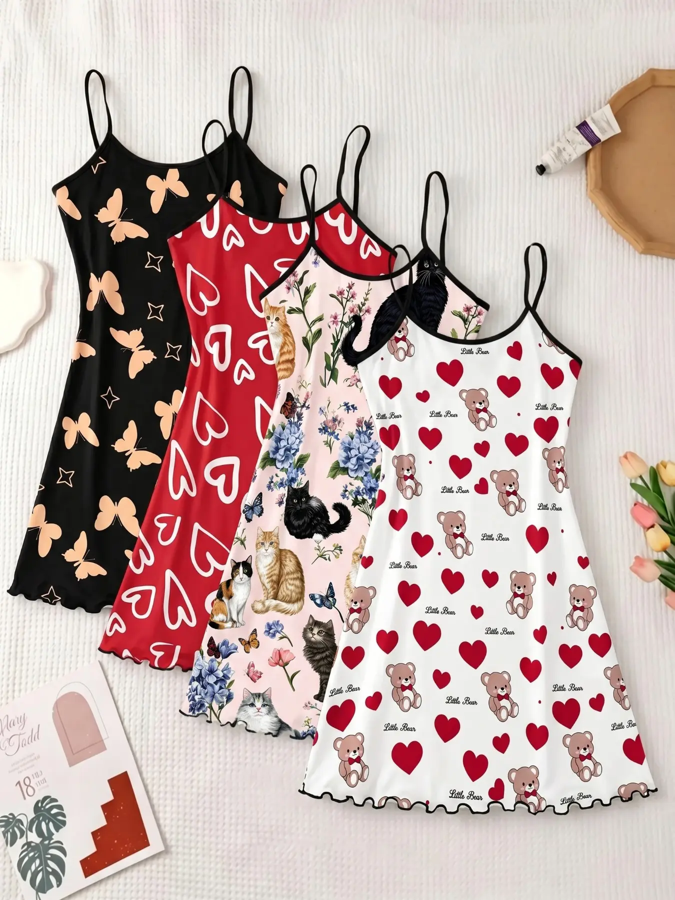 4-Pack Cute Full-Print Nightdresses, Sleeveless H-Type Slim-Fit Pajamas, All-Over Print Hearts Sexy Home Wear for Women, Sweet Comfortable Sleepwear Nightgown Chemise Loungewear