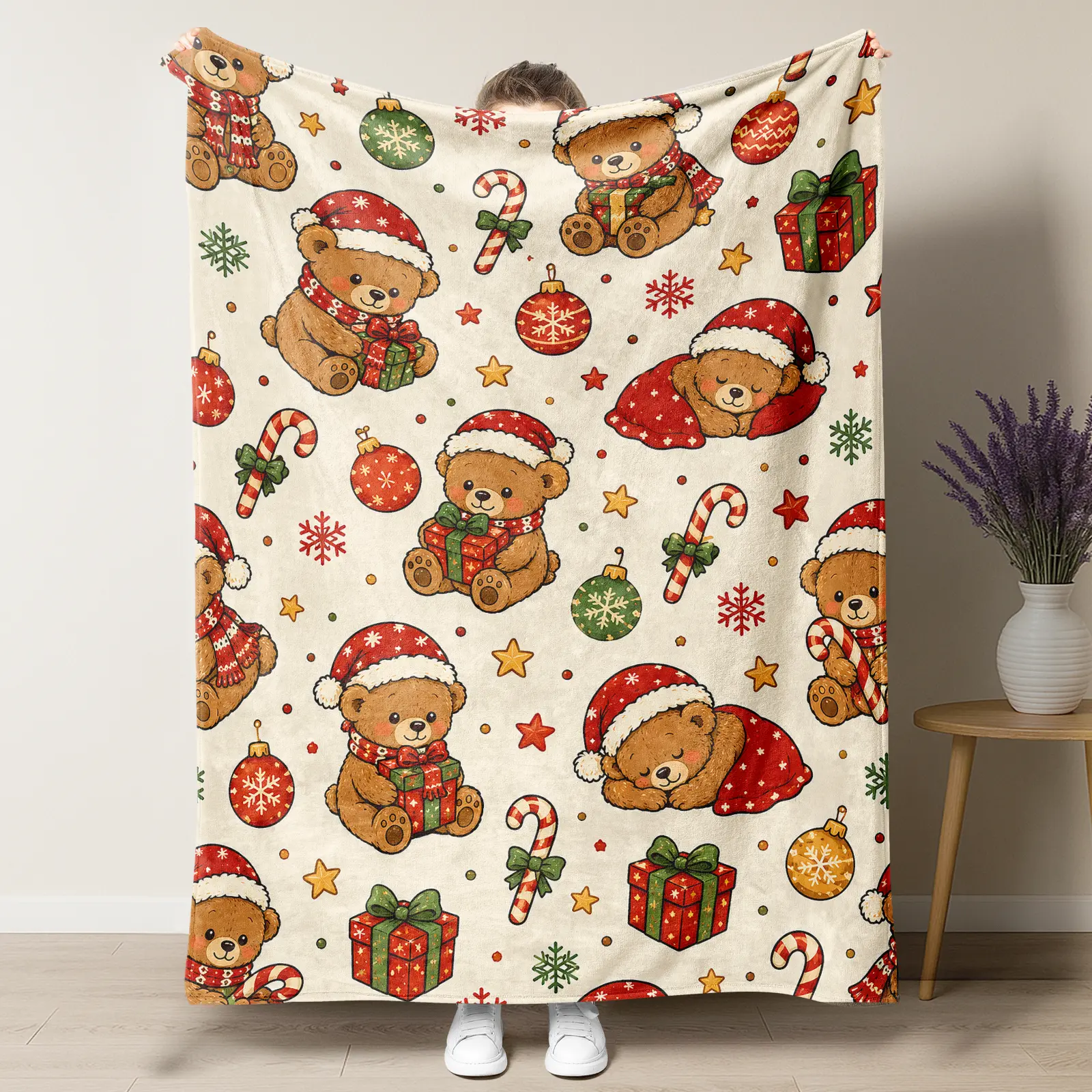 Christmas Teddy Bear Cute All Over Print Throw Blanket,Santa Bear Gift Box Candy Cane Snowflake Pattern Flannel Blanket,Cozy Holiday Decor Blanket,Sweet Christmas Gift For Kids Family And Friends,Home Essentials,Back To School