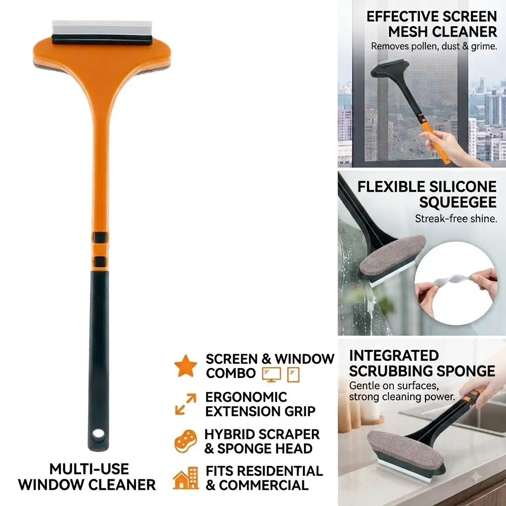 Multi-Functional Window Screen Cleaner Brush, Window Cleaning Brush, Cleaning Supplies, Scrubber Squeegee Combo, 2-in-1 Double-Sided Window Screen Cleaning Brush and Glass Wiper with Scraper, Long Handle, Dual-Use for Wet and Dry Cleaning