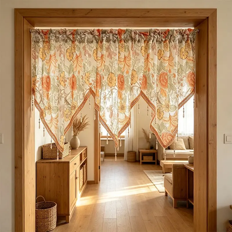 Elegant Vintage Peony Half-Length Sheer Curtain, High-Density Polyester Light-Filtering Window Drapery, Crystal Bead Trim, Rod-Pass Through Style, Room Decor Curtain