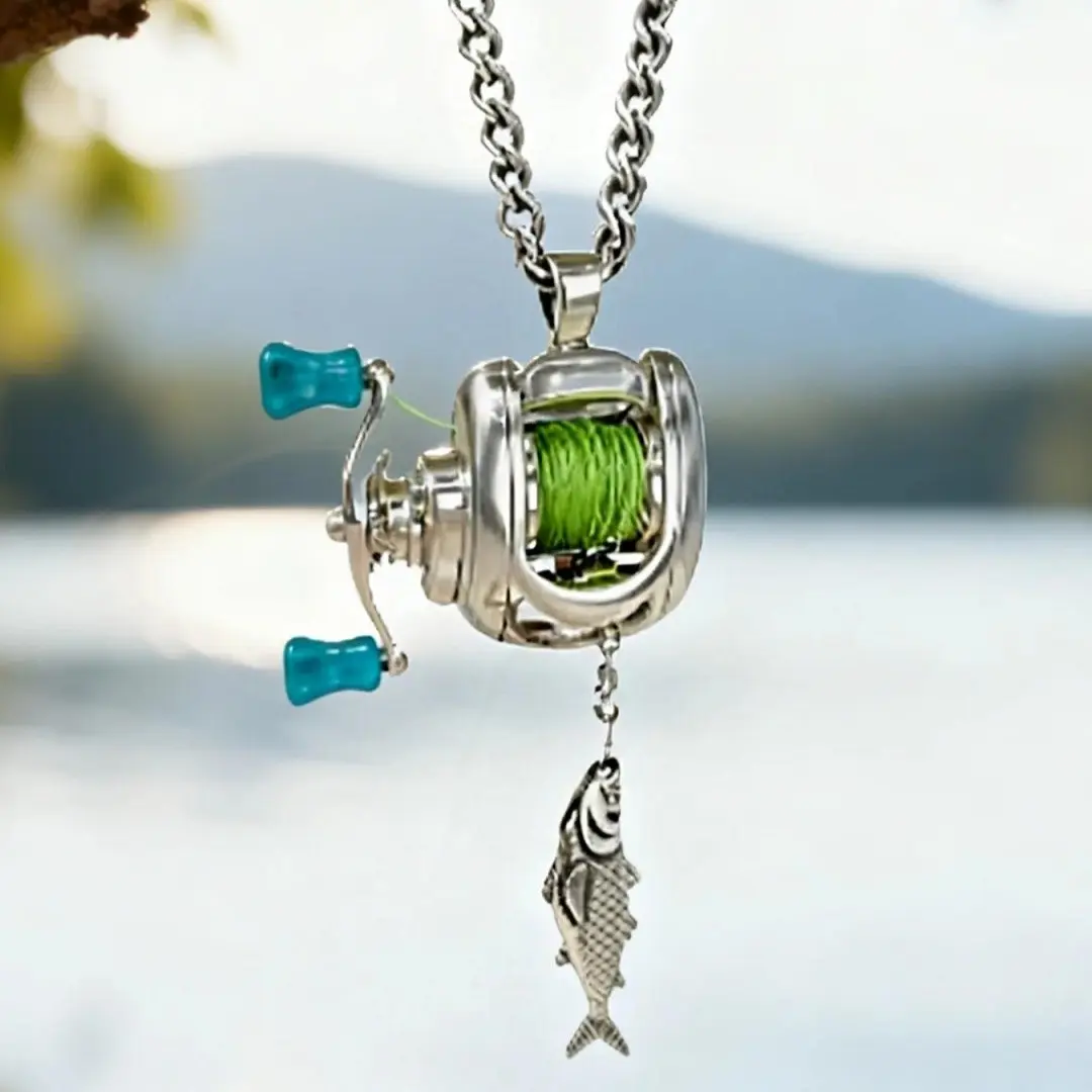 Mini Fishing Reel Alloy Necklace, Rotating Handle and Movable Line Ring, Portable Spinning Reel Keychain, Fun Gift for Fishing Enthusiasts