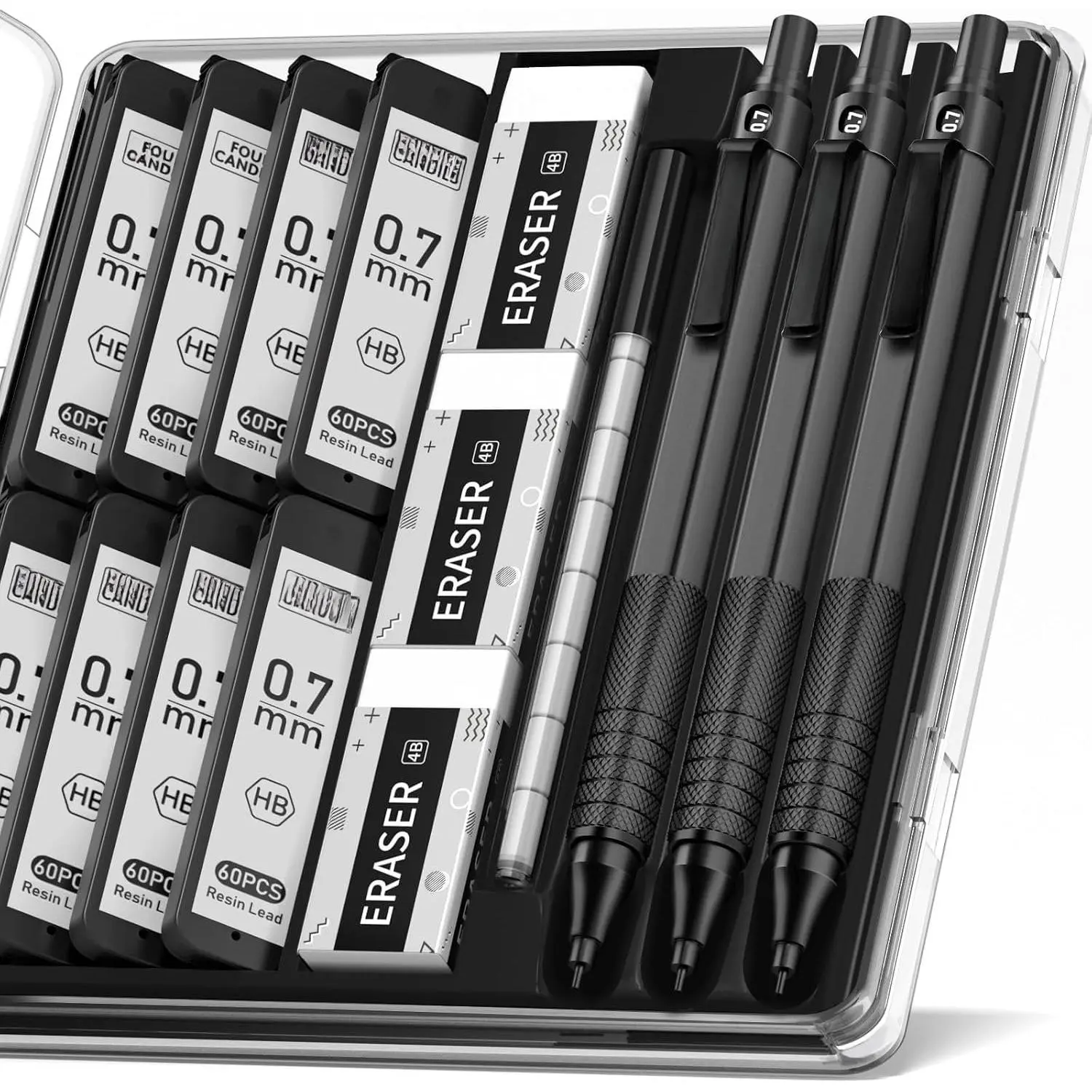 Metal Mechanical Pencil Set with Case, 0.7mm, 3-Pack, Black | 480 count HB Lead Refills, 3 Erasers+9 Eraser Refills, Anti Grip, for Drafting, Engineering, Technical Drawing, Art Projects