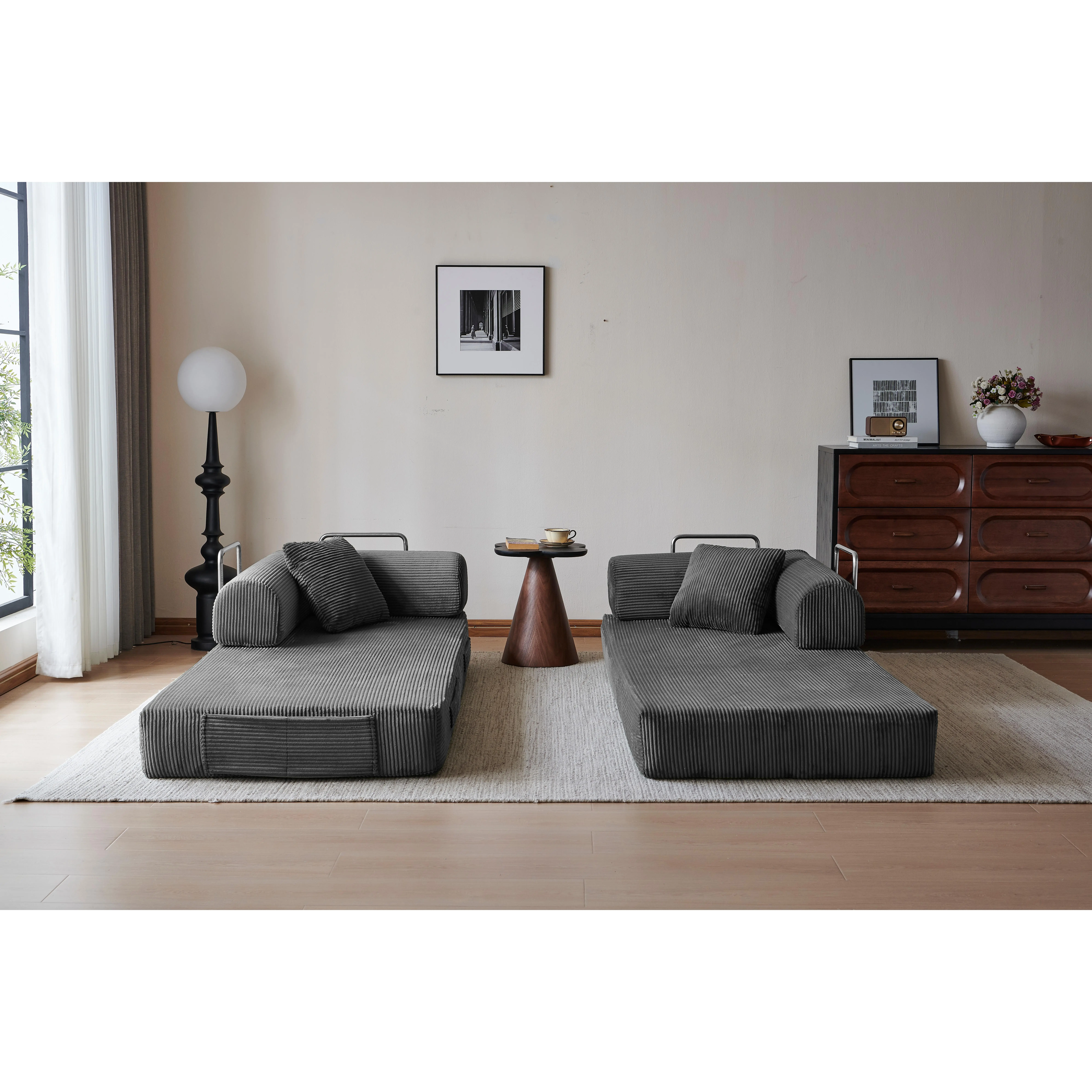 ARCH 78.8" Polyester Corduroy Modular Compression Sofa Bed - Convertible Floor Futon Loveseat, Boneless Sectional Couch Sleeper with Pillow Back Support, Armrest, Steel Frame for Living Room, Bedroom (Gray)