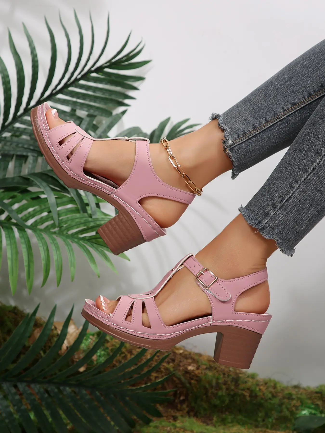 Elegant Hollow Out T-Strap Heeled Sandals for Women, Vintage Wood Grain Design, Lightweight Comfortable Daily Wear, Versatile Office Shoes