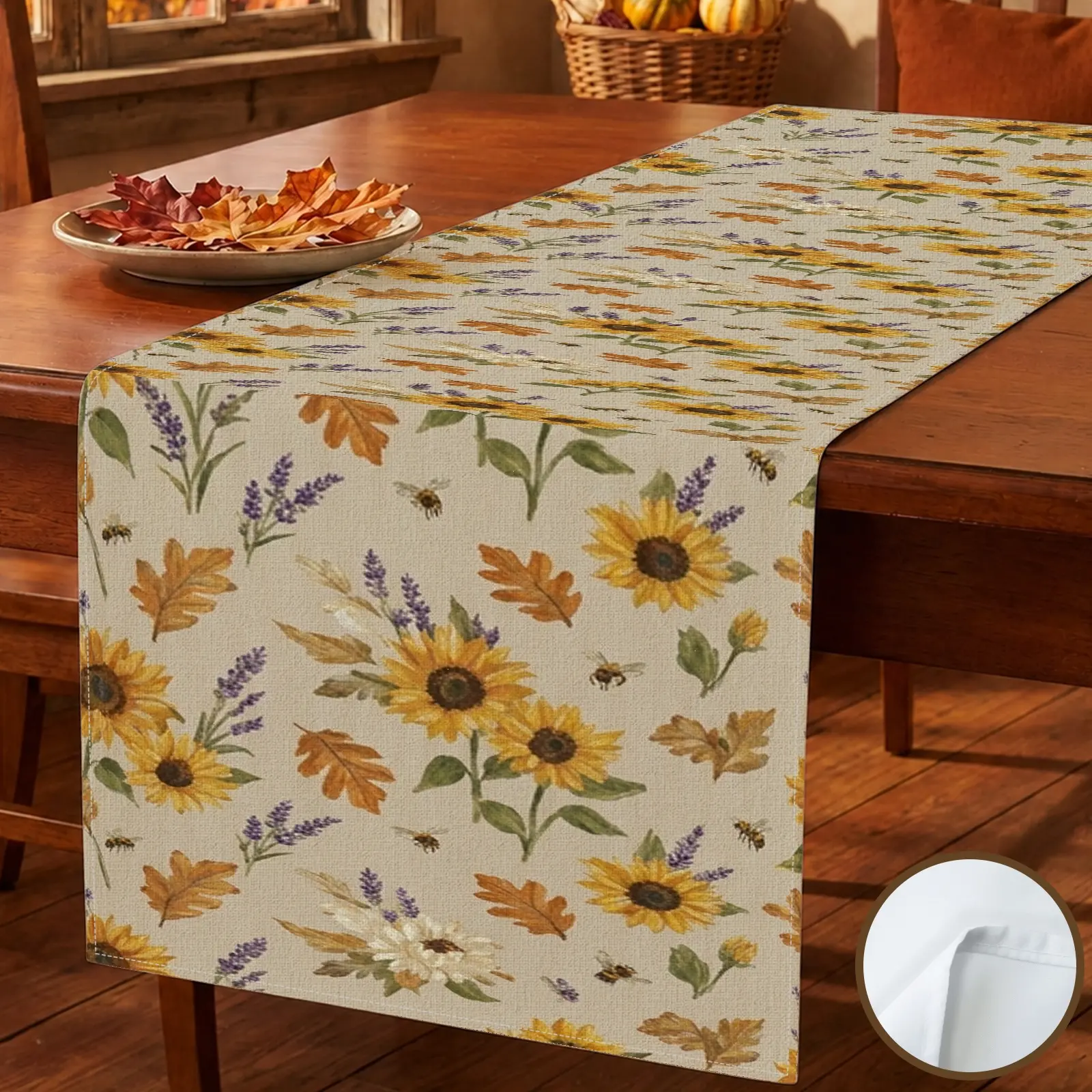 1pc Sunflower Lavender Leaves Table Runner, Rustic Farmhouse Style, Floral Pattern Design, for Dining Table Kitchen Decor Home Decor Fall Decor