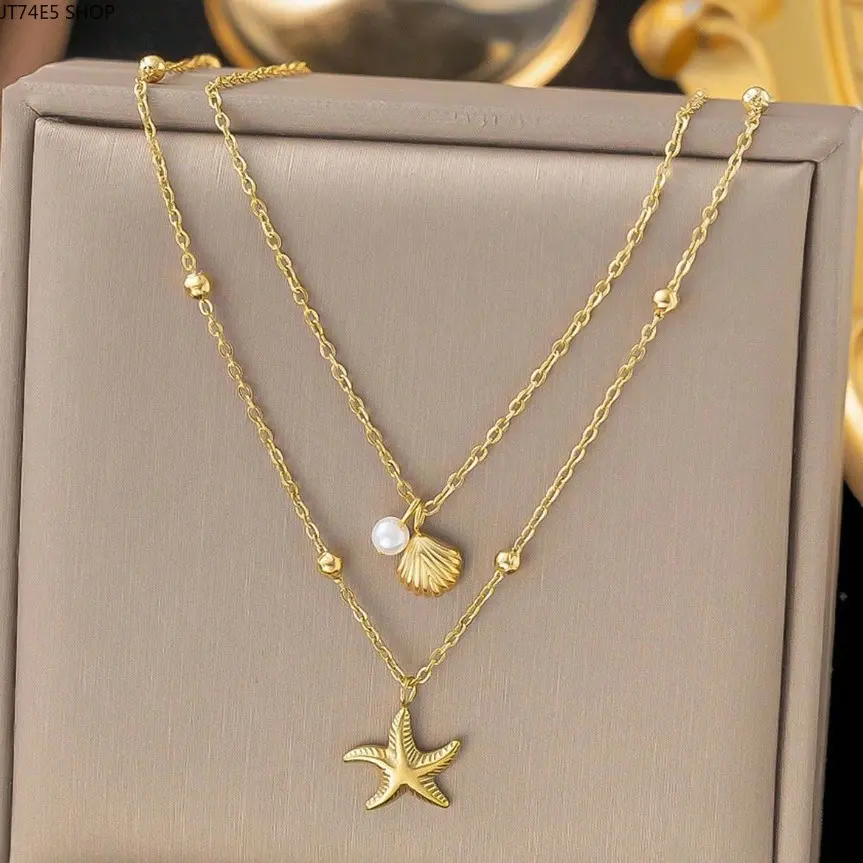 Women's Fashion Synthetic Starfish Shell Pearl Pendant Necklace - Adjustable, Minimalist Light Luxury Niche Cold-Tone Collarbone Chain for Casual Wear