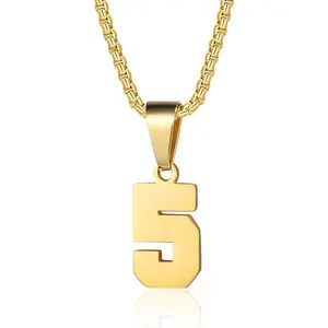 18K Gold Plated Initial Number Pendant Stainless Steel Chain Sports Necklaces for Men Women
