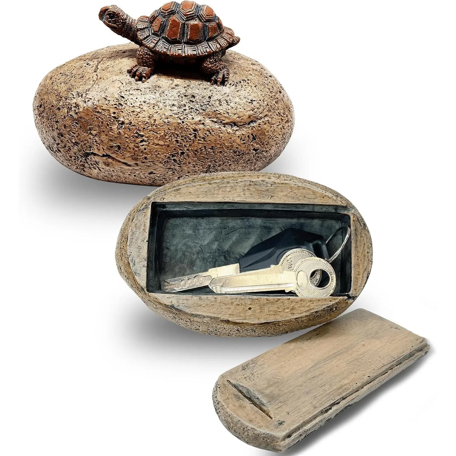 Turtle Rock Key Hider Box for Outside, Weatherproof  Spare Key Holder |  bottom space with fitted lid for flower beds, planters, patios, garden steps, lawn borders, yards, and turtle decor
