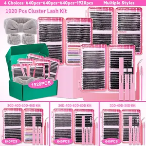 1920PCS/640PCS D Curl Lash Clusters Book Kit, 8 Styles Natural and Colorful Lashes with Bond & Seal, Brush, Lash Applicator, Headband and Wristband Set, Easy-to-Apply DIY Eyelash Extensions Kit for Beginners and Professionals
