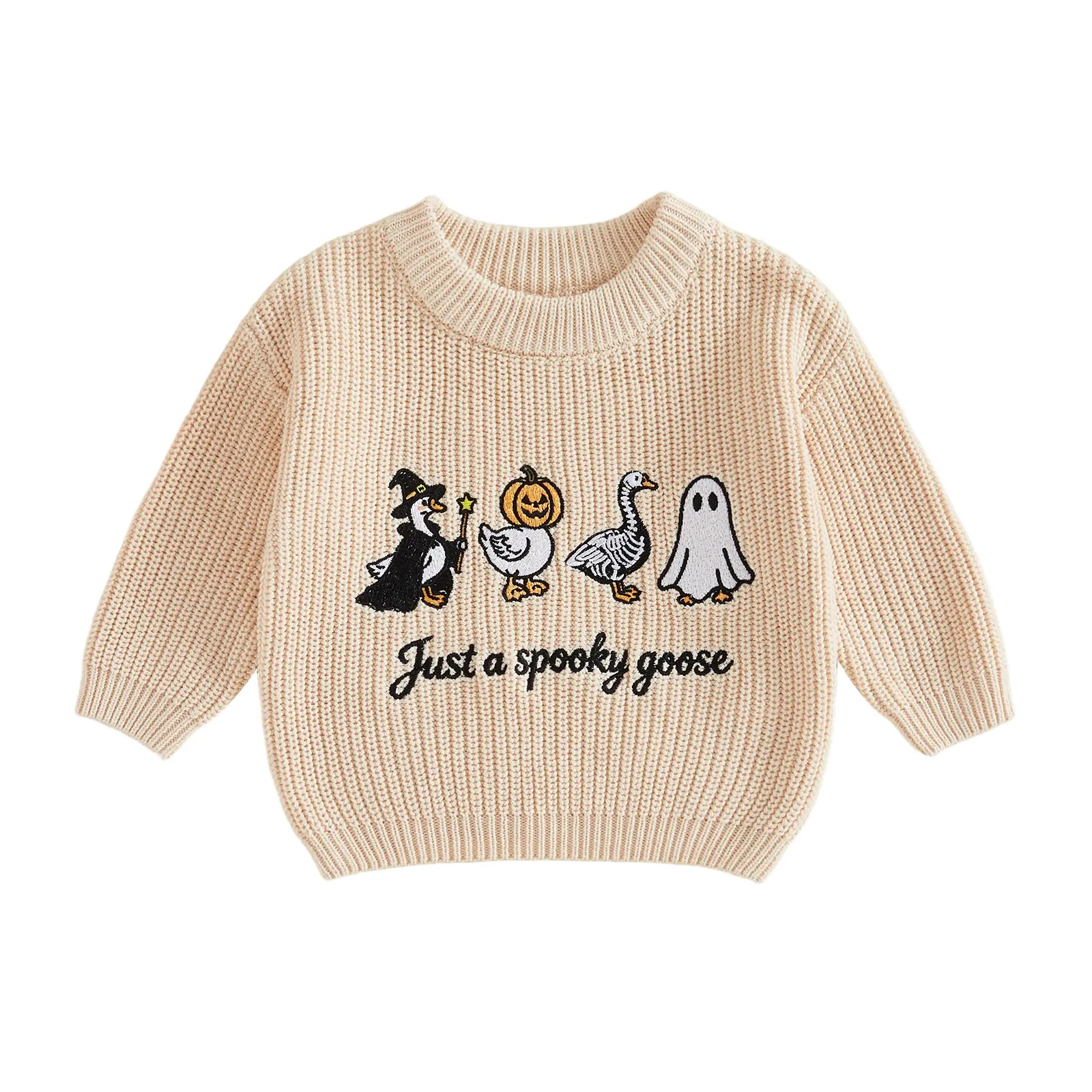 Toddler Baby Little Boy Halloween Sweater Pumpkin Skull Goose Ghost Embroidery Long Sleeve Pullover Fall Knit Tops 0-5 Years
