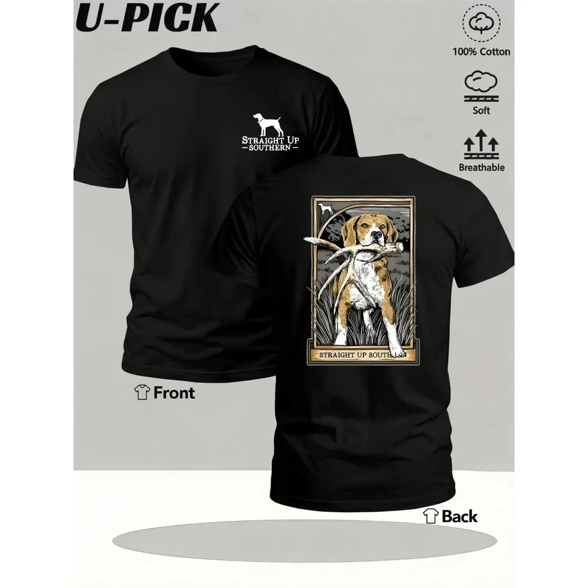 U-PICK Men's Beagle Graphic Double-Sided Print Cotton Fabric Short Sleeve Round Neck T-Shirt, Summer Short Sleeve Tops, Southern Hunting Dog Themed Menswear, Tshirt, Shortsleeve, Graphic T Shirts, Casual, Animal-Themed Men's Short-Sleeve T-Shirts