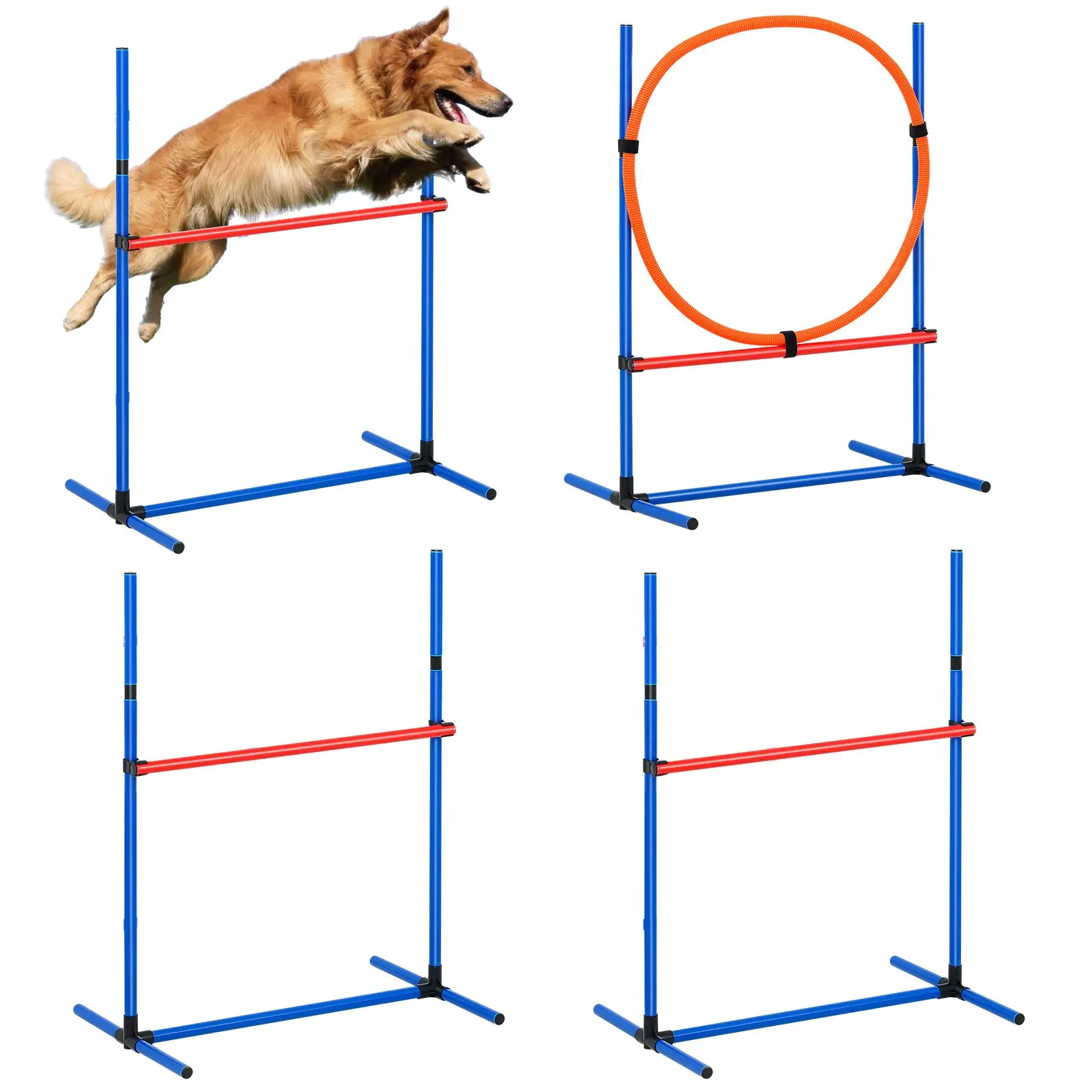 VEVOR 4-PCS PVC Pipe Dog Agility Jump Training Equipment Kit - Adjustable High Hurdles, Adjustable Rings, Puppy Obstacle Course Starter Set with Poles, PVC Bags for Backyard Outdoor Use