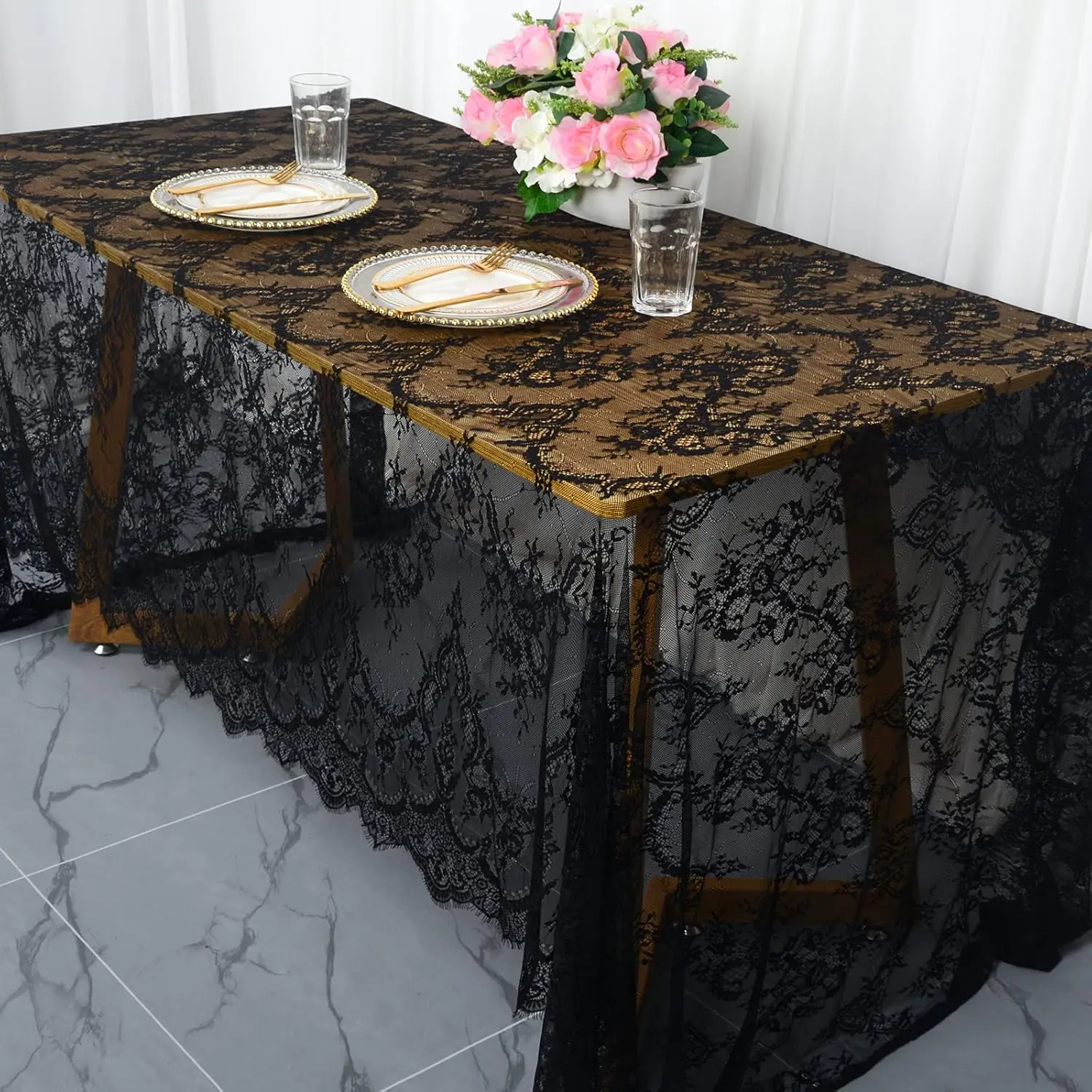 Black Lace Tablecloth Rectangular 60x120 Rectangle Scalloped for Lace Tablecloths 120 Wedding Table Cover Romantic Party Tablecloth Flower Oblong
