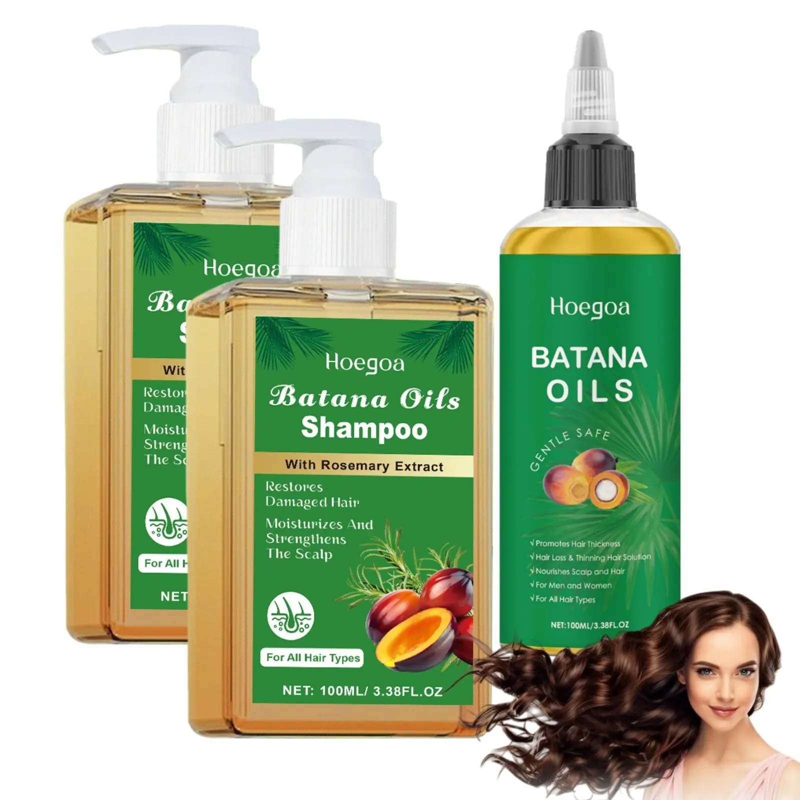 Batana Oil Nourishing Shampoo and Hair Oil 3-Count Haircare Bundle Set, Plant-Extract Gentle Cleansing Hair Care Rich in Fatty Acids, Helps Promote Thicker, Stronger, Healthier Hair for Women and Men