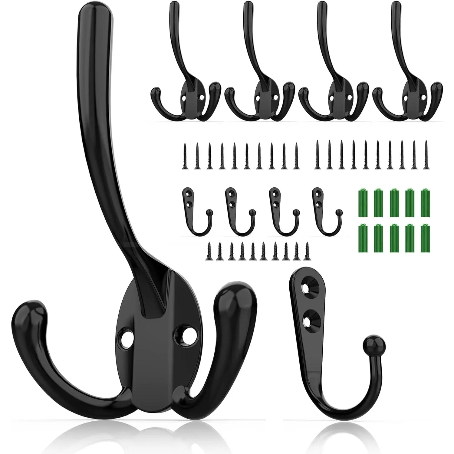 10 Pack Heavy Duty Wall Mounted Black Coat Hooks with 30 Screws, mudroom Hooks, Backpack Hooks, Robe Hooks, Hat Hook(Two Types of Hooks + threeTypes of Screws Included)