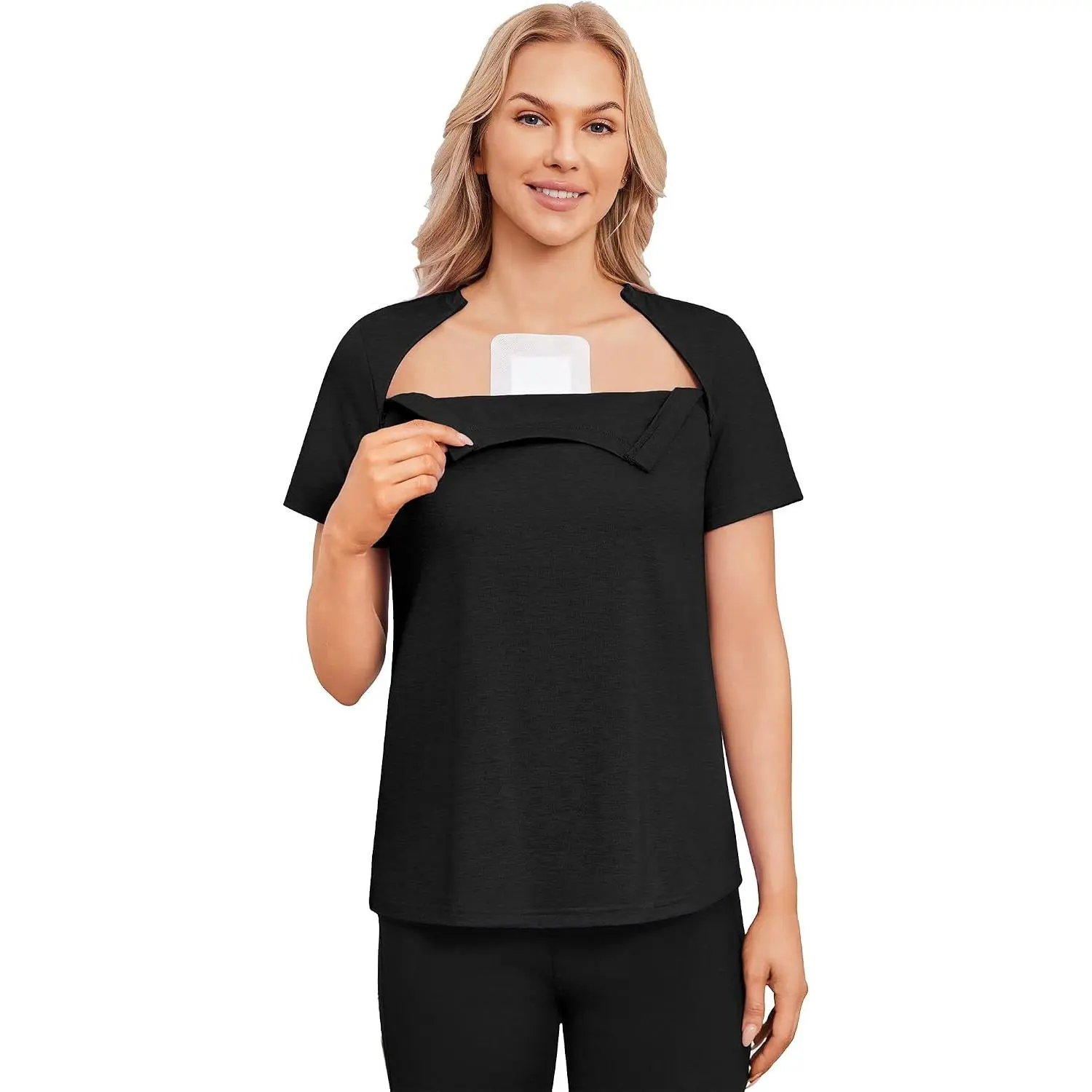 Women's Post Surgery Chemo Shirt with Port Access and 2 Hidden Side Zippers - Short Sleeve Tear Away Adaptive Top(Gift)