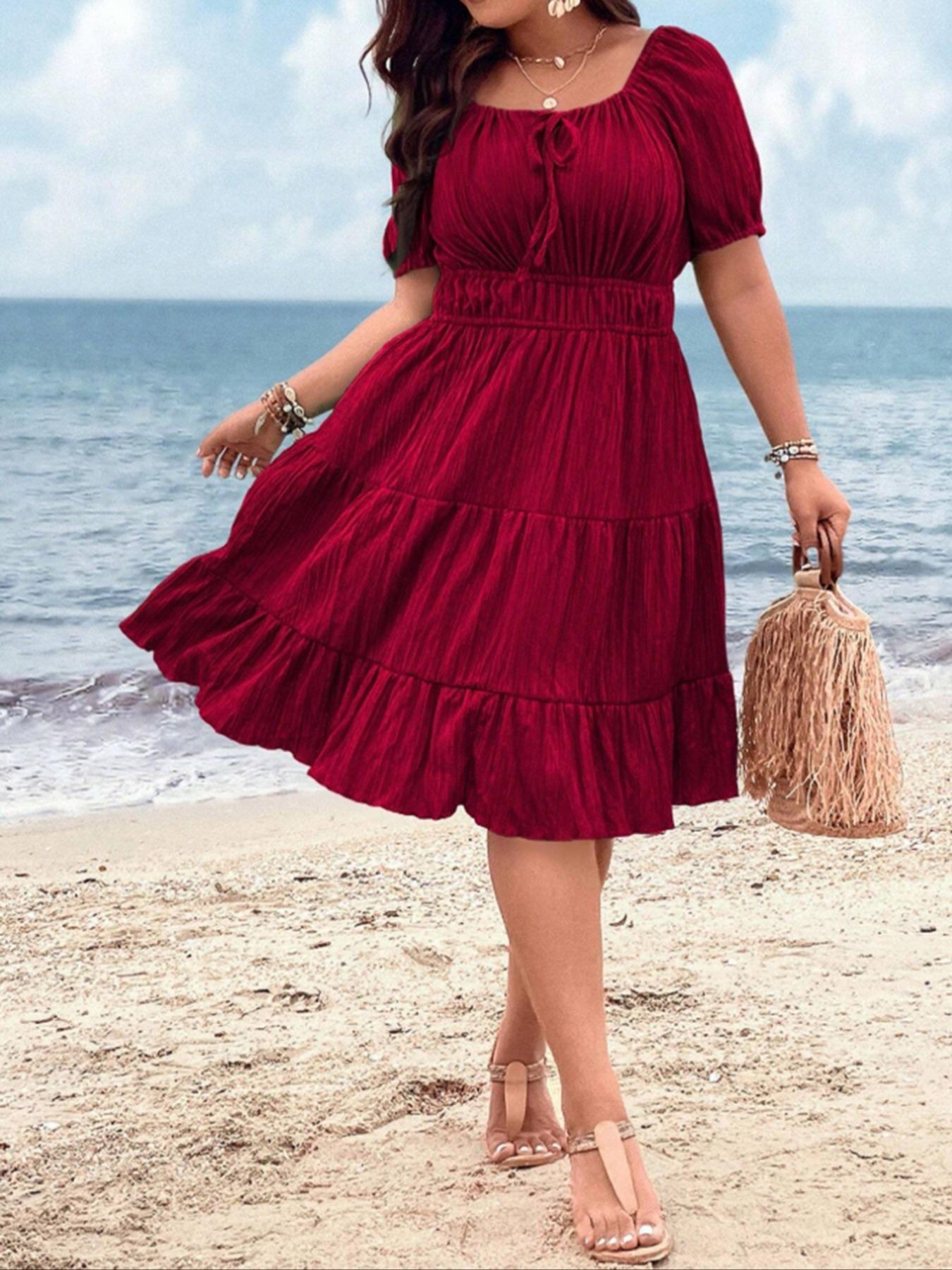 【Plus Size】 Solid Tie Front Dress, Plus Elegant Short Sleeve Dress for Summer, Women's Plus Clothing for Beach Holiday, Plus Size Tummy Flattering Dresses, Casual Fashion Dress, Boho Style Dresses