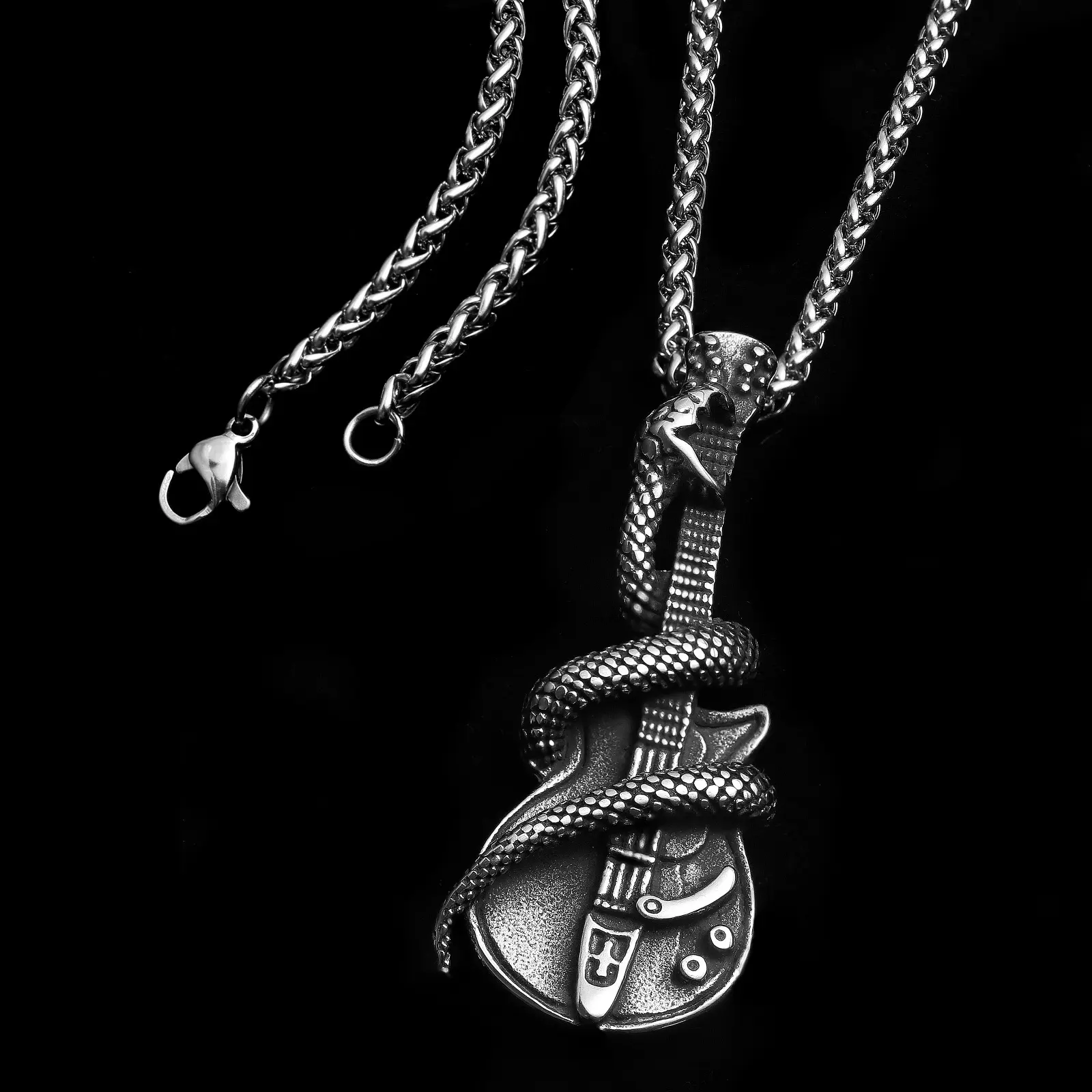 Unisex Stainless Steel Vintage Snake Wrap Guitar Pendant Choker Necklace - Gothic Rock Roll Charm, Party Wear Sports & Outdoor Accessory