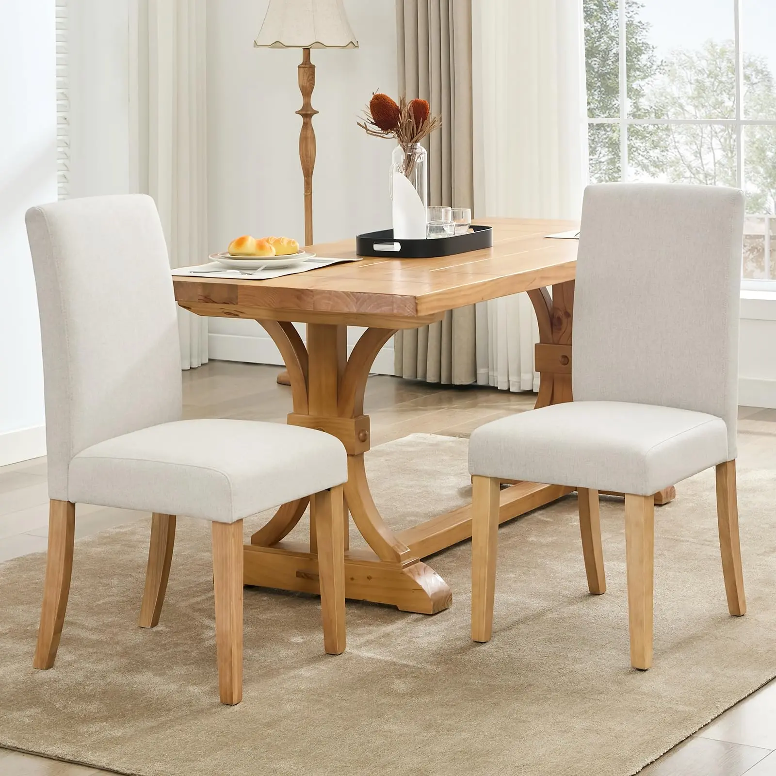 2PC Parsons Dining Chairs, Upholstered Linen Fabric Side Chairs - Curved Ergonomic Backrest, Nailhead Trim, Rubberwood Legs, Easy-Clean Padded Seat