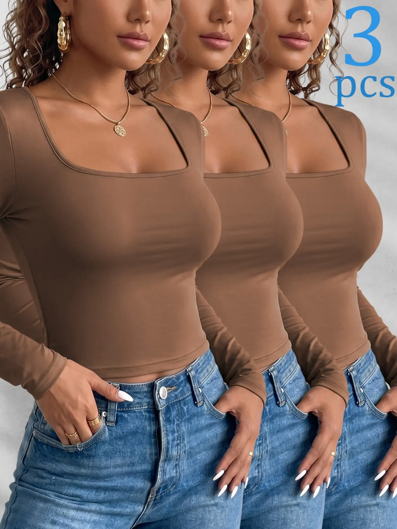 3-Pack Basic Solid Deep U-Neck Long Sleeve Women's Tops, Fall Winter Daily Commute, Layering Options, Y2K Style, Slim Fit, Fashionable Clothing