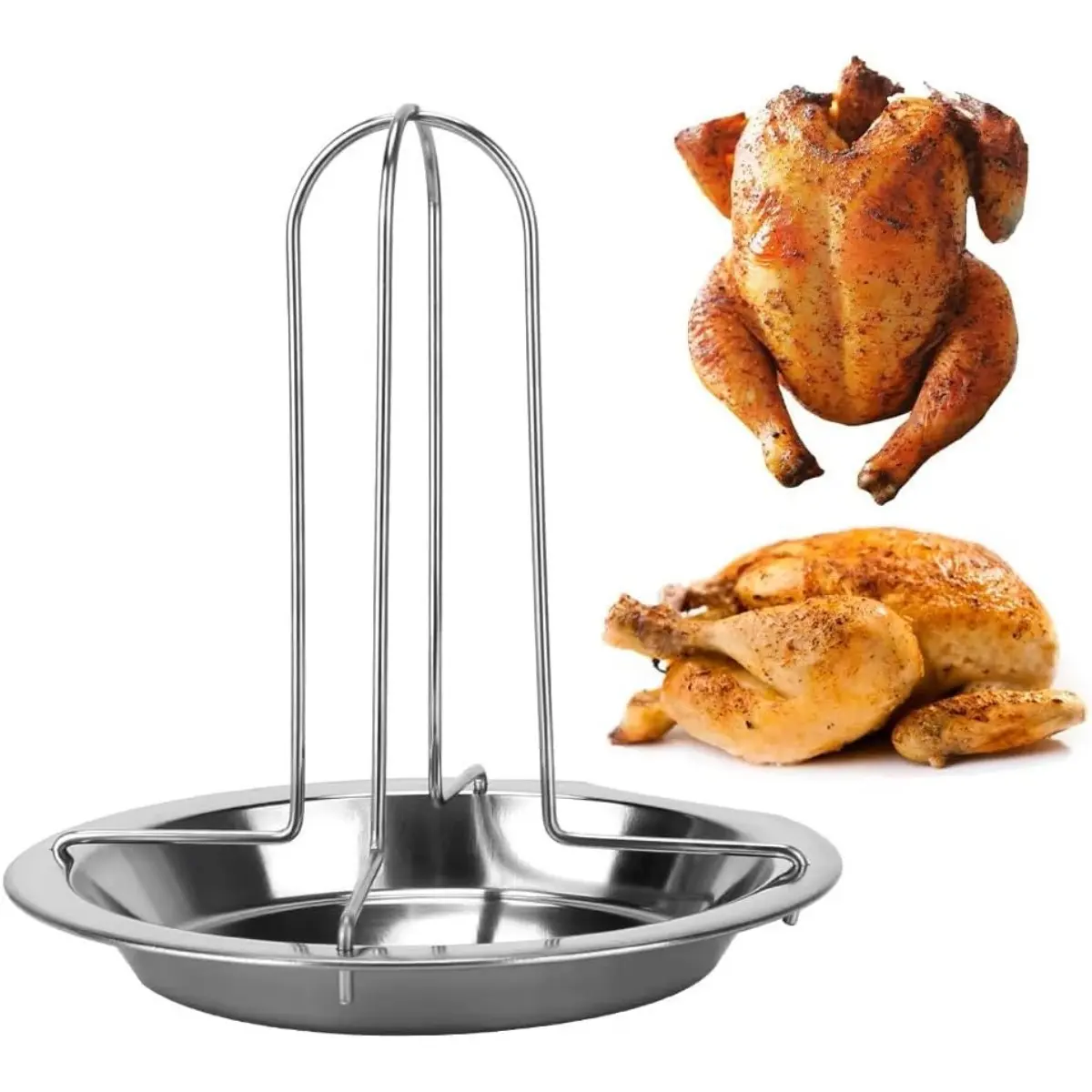 Single Pack Stainless Steel Chicken Roaster Rack, Cost-Effective Vertical Turkey Roaster Stand with Drip Pan Combo, Space-Saving Heavy Duty BBQ Holder for Restaurants & Catering Commercial Supplies