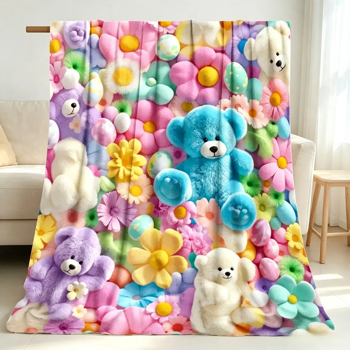 Teddy Bears Flowers and Eggs Pastel Print Flannel Throw Blanket for Adults and Children, Thin Lightweight Soft Cover for Bed Sofa Bedroom, Cute Spring Home Decor, All-Season Blankets and Aesthetic Bedding Gift