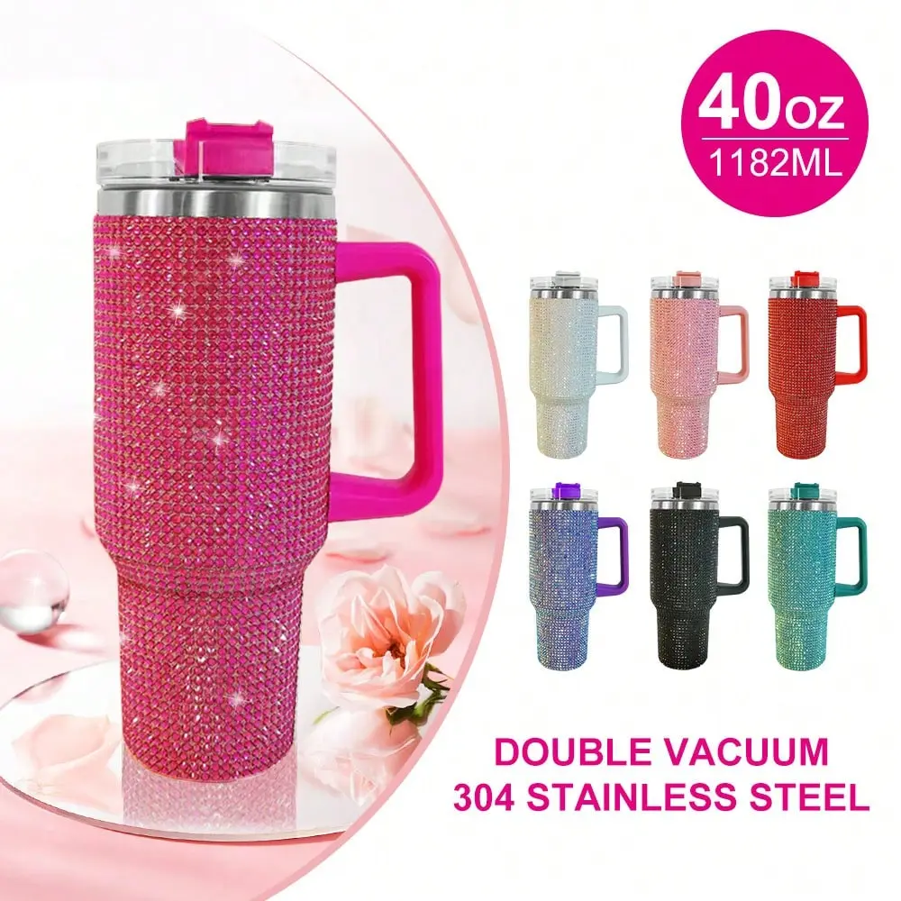 40oz Tumbler With Handle & Straw Lid, Studded Bling Design, Stainless Steel Double Wall Vacuum Insulated, Travel Mug Water Bottle, Fits Cup Holder friend woman Drinkware Thermal Insulation Portable