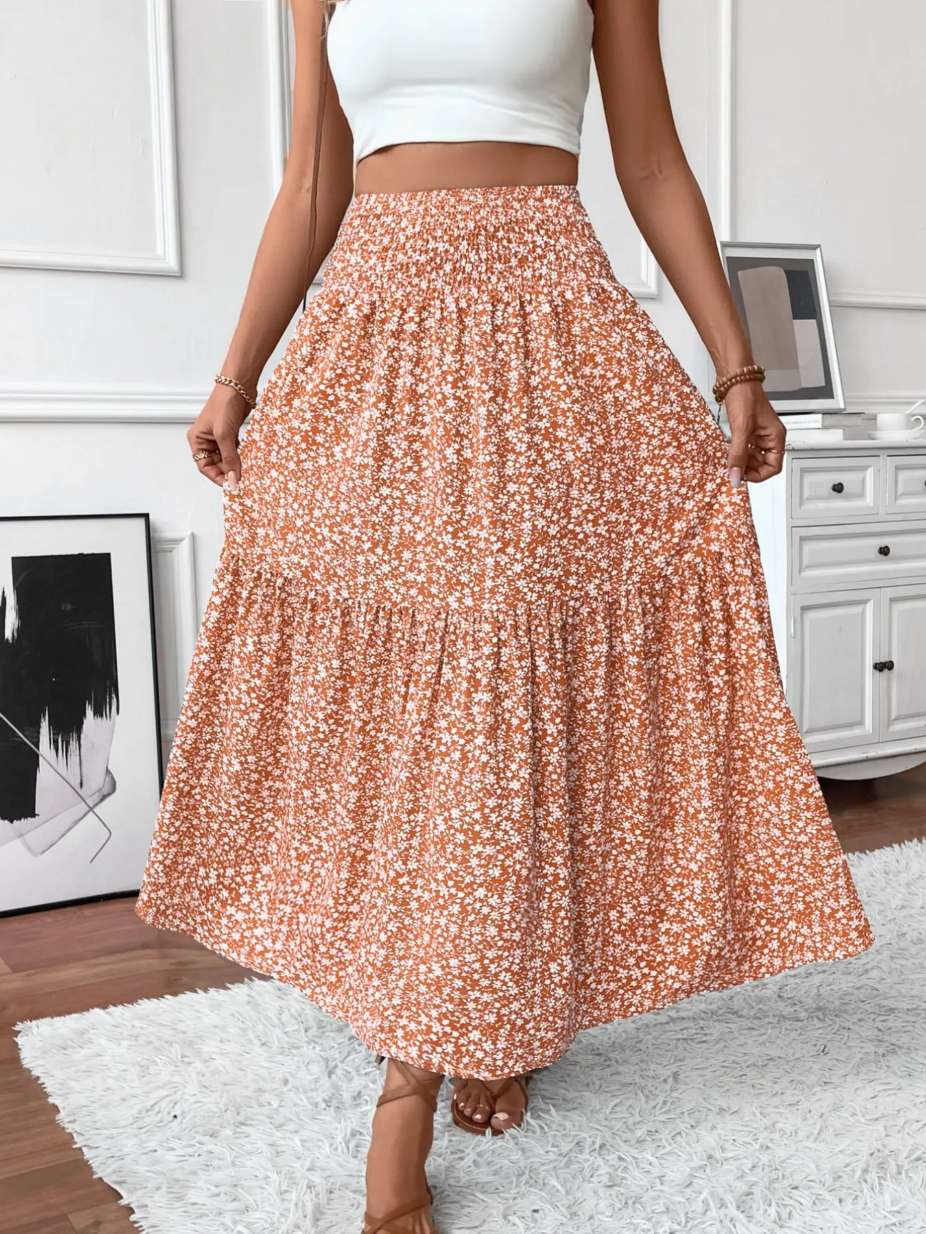 Women's Ditsy Floral Print Bohemian Skirt, Elegant High Waist Maxi Skirt for Daily Holiday Vacation Wear, Ladies Bottoms for All Seasons, Everyday
