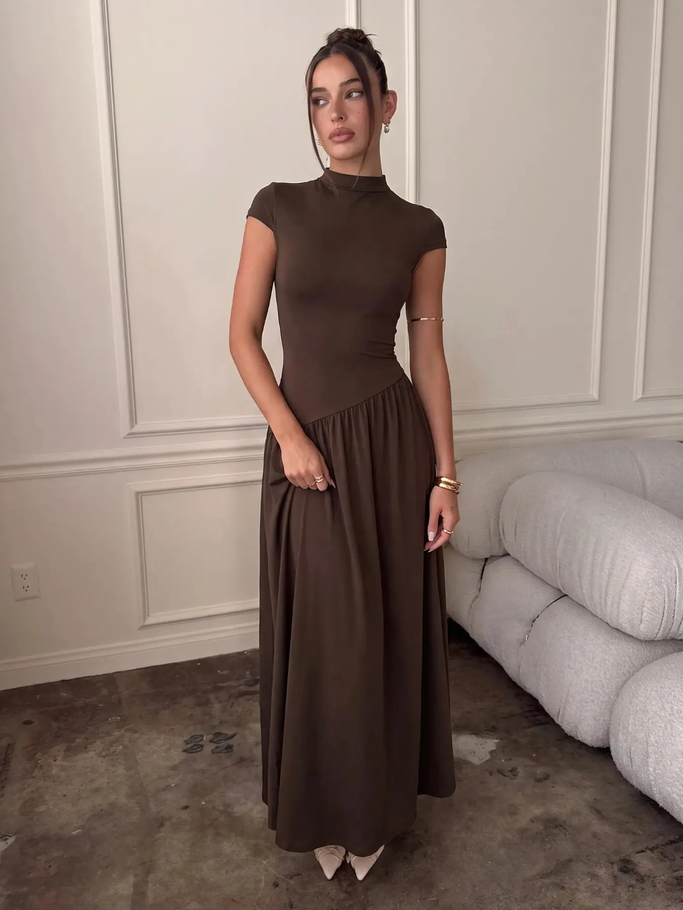 Women's Mock Neck Maxi Dress, Short-Sleeve Drop-Waist Dress, Minimalist Old-Money Casual Elegant Chic Style