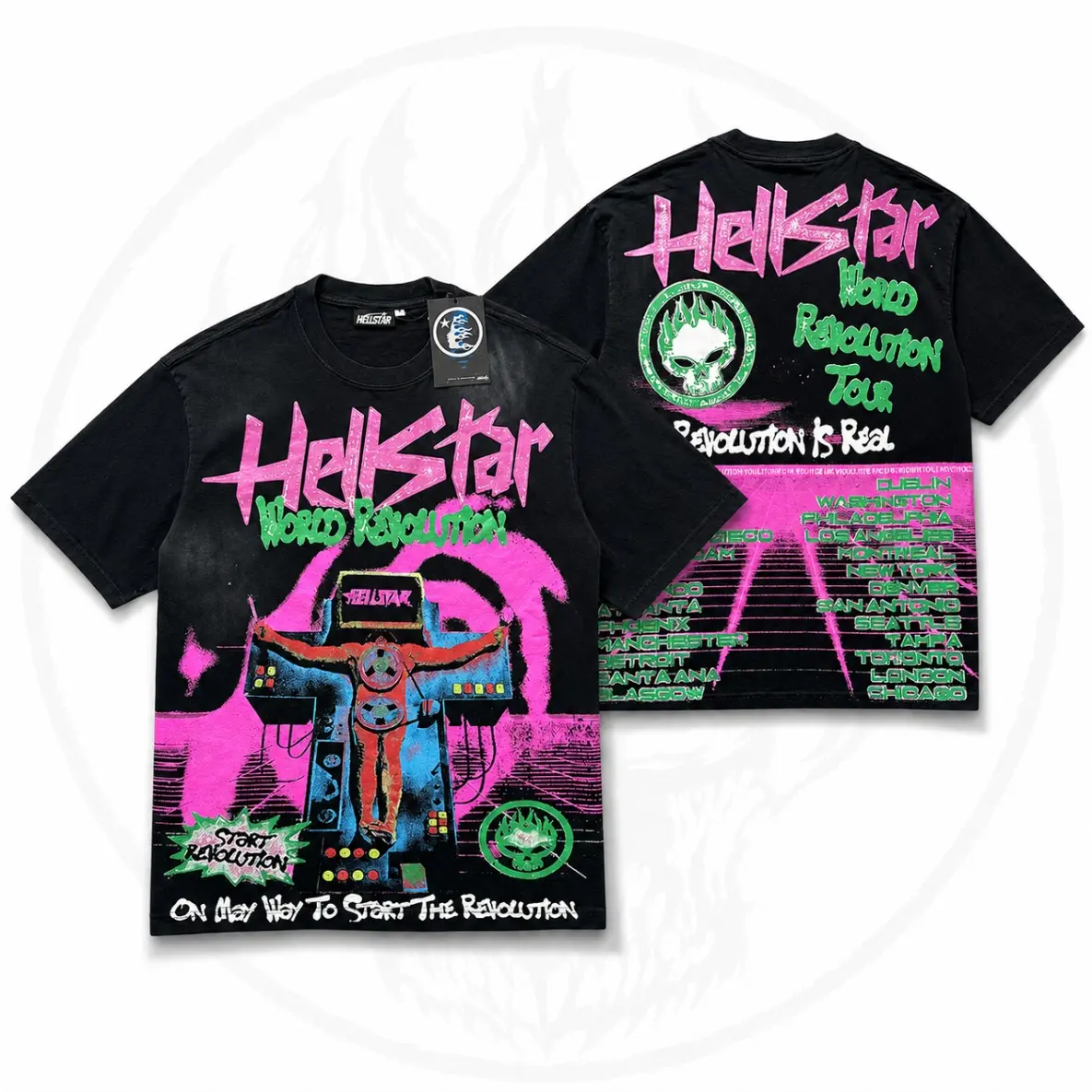 Hellstar World Revolution Tour T-Shirt, Vintage Radio Double Sided Graphic Printed Heavy Cotton Loose Tee for Men Women, Unisex Casual Hip Hop Top, Trendy Washed Black Summer Streetwear Clothes