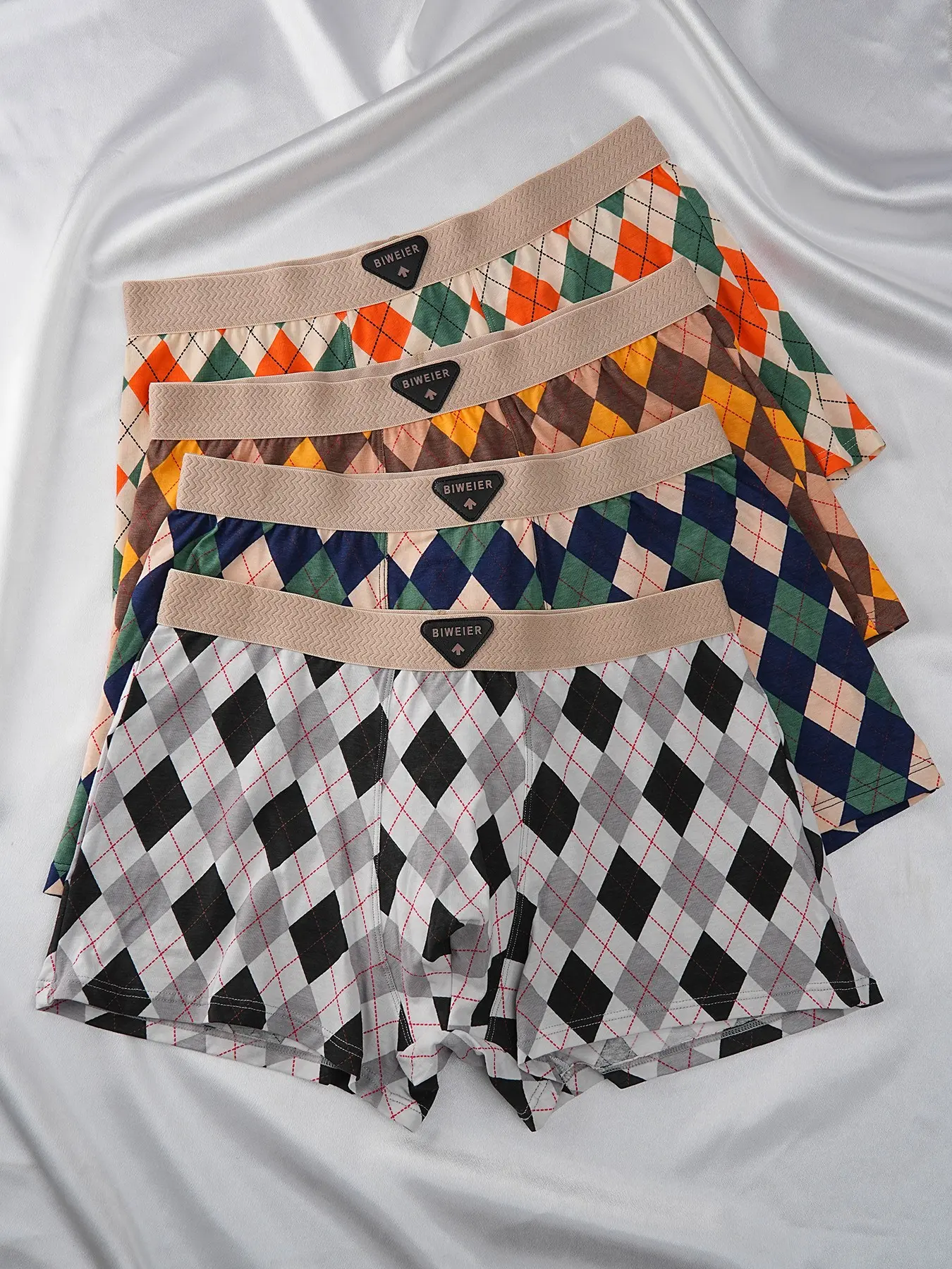 4 Pcs Biweier Men's Plaid Cotton Boyshorts, Soft Comfortable High Waist Slim Fit, Casual All Season Cotton Stretch Underwear, Perfect Gift