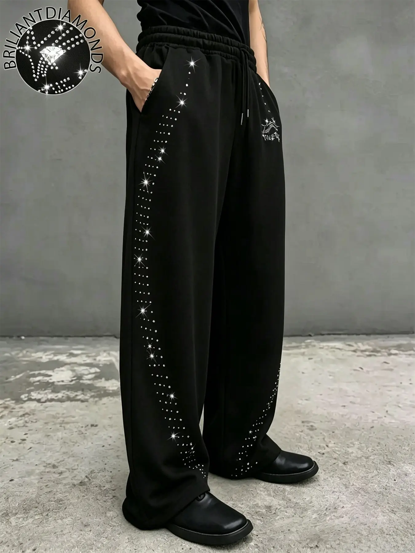 Men's Arc-Shaped Rhinestone Wide Leg Oversized Print Sweatpants, American High Street Diamond Pattern Drawstring Loose Fit Casual Long Pants