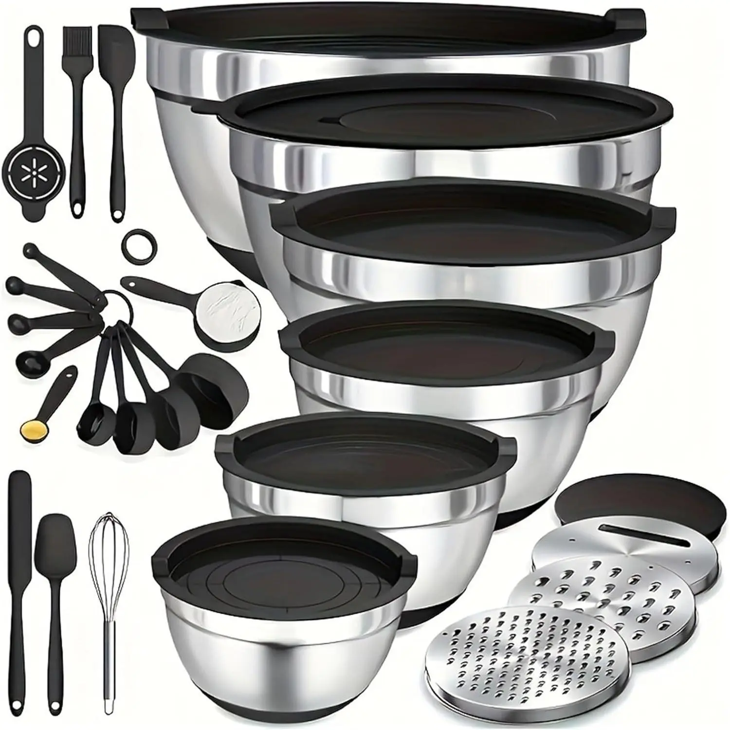 6PCS Classic Round Stainless Steel Mirror Finish Stackable Metal Mixing Bowls Set - Airtight 3.5qt Lid, 3 Grater Attachments, Non-Slip Bottoms, BPA-Free 7qt Down to 1qt Sizes, Dishwasher Safe Kitchen Bowls for Baking,Cooking