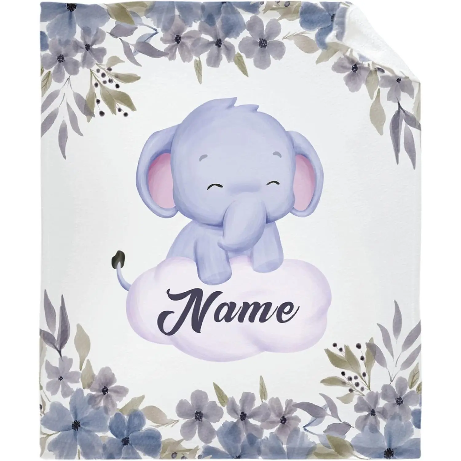 Custom Name Elephant Flannel Throw Blanket, Personalized Floral Wreath Baby Blanket with Cloud Design, Soft Cozy Warm Sherpa Lined Gift, Customizable Name Text Nursery Crib Stroller Blanket, Unisex Mauve Purple Infant Toddler Room