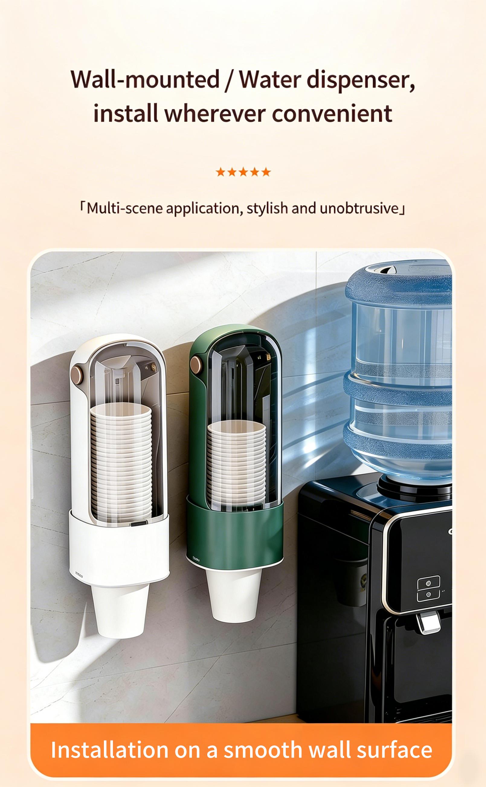 One-touch cup dispenser, automatic water dispenser, no-drill paper cup holder, dustproof kitchen storage rack, wall-mounted cup holder